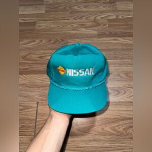 VTG 80’s AmaPro Nissan Hat Cyan Blue Rope Zipperback Adjustable One Size Korea